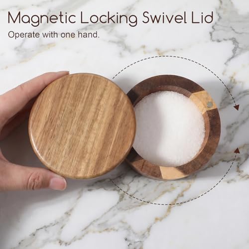 Grevosea Salt Cellar, Acacia Wood Salt Container with Swivel Magnetic Lid | Elegant Kitchen Salt Container Holder for Pepper Spice Bath Salt Sea SaltStorage 360° Rotating Countertop Box 6oz