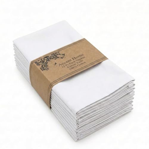 ACCENTHOME Accent Home 100% Cotton Napkins, Delicate Cloth Napkins for Dinners, Parties and Weddings，18 x 18 Inch Set of 12 - White | 100% Pure Cotton Napkins, Economy Pack, Multi Purpose Use, Machine Washable, Cotton - color: 12 - White - Twill, size: 18
