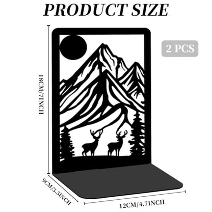 Metal Bookends for Shelves, Mountain and Deer Decorative Book Ends for Heavy Books, Book Stopper Decorative Books, Bookends to Hold Literature for Home Office School Bookshelf Decor - style: Mountain