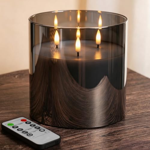 Large 3 Wick Grey Glass Flameless Pillar Candle with Remote | 6x6 inch LED Candle Flickering, Triple Wick, 2 AA Battery Powered, Accent Home Decor Gift - color: Smoke Grey