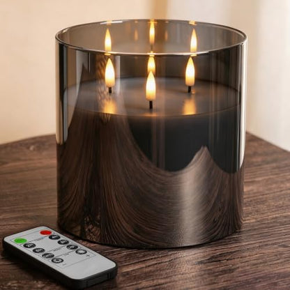 Large 3 Wick Grey Glass Flameless Pillar Candle with Remote | 6x6 inch LED Candle Flickering, Triple Wick, 2 AA Battery Powered, Accent Home Decor Gift - color: Smoke Grey