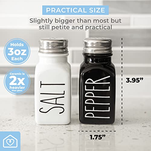 Farmhouse Ceramic Salt and Pepper Shakers Set with Extra Lids. 100% Stoneware Salt and Pepper Shaker Set. Black Pepper and White Salt Shaker with Lid x4. Kitchen Salt Pepper Shakers - color: White/Black