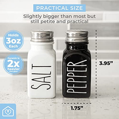 Farmhouse Ceramic Salt and Pepper Shakers Set with Extra Lids. 100% Stoneware Salt and Pepper Shaker Set. Black Pepper and White Salt Shaker with Lid x4. Kitchen Salt Pepper Shakers - color: White/Black