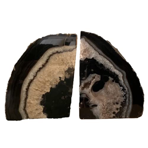 JIC Gem Black Agate Geode Bookends Anti-Slip Heavy Duty 1 Pair 3-4 Lbs | Natural Black Crystal Book Stoppers Small Stone Book Holders for Shelf Home Office Unique Decor Gift for Readers Collectors - color: Black Dyed, size: 3-4LBS.