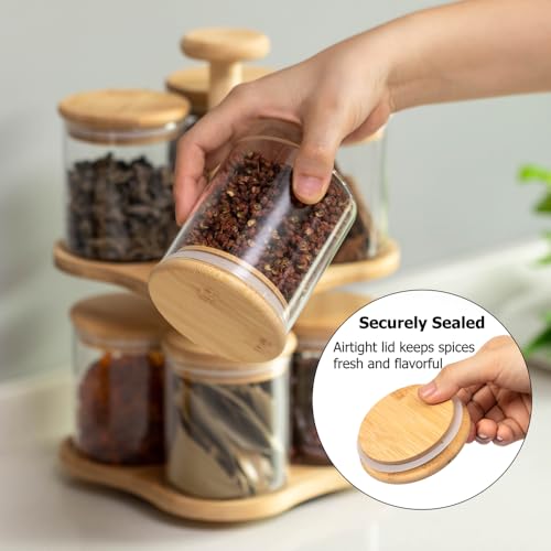 Minimalist Two-Tier Bamboo Lazy Susan Turntable with 8 Pcs 12 oz Airtight Lid Glass Jars, Versatile Spice Rack Organizer, Perfect for Kitchen Countertops, Dining Tables, and Pantry Cabinets