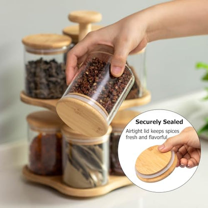 Minimalist Two-Tier Bamboo Lazy Susan Turntable with 8 Pcs 12 oz Airtight Lid Glass Jars, Versatile Spice Rack Organizer, Perfect for Kitchen Countertops, Dining Tables, and Pantry Cabinets