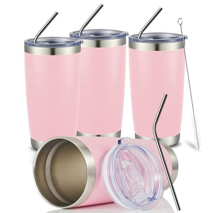 COMOOO 20oz Tumbler Bulk Double Wall Vacuum Insulated Travel Mug, Stainless Steel Tumbler with Lid and Straw Durable Powder Coated Insulated Coffee Cup for Cold & Hot Drinks (pink, 4 pack - color: Pink