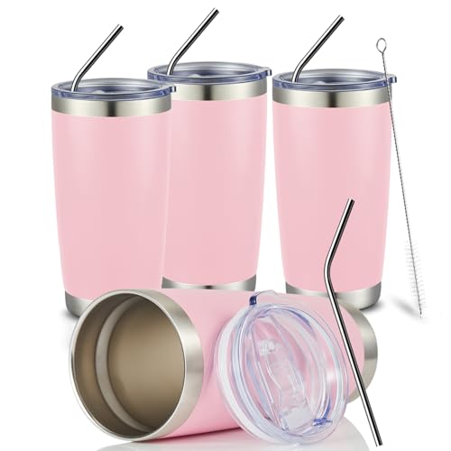 COMOOO 20oz Tumbler Bulk Double Wall Vacuum Insulated Travel Mug, Stainless Steel Tumbler with Lid and Straw Durable Powder Coated Insulated Coffee Cup for Cold & Hot Drinks (pink, 4 pack - color: Pink