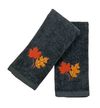 Harvest Fall Fingertip Towels for Bathroom: Autumn Plush Dark Grey Gray Autumn Leaf Design, 100% Cotton Towels, Set of 2, 12" x 18" - color: Autumn Leaf Grey