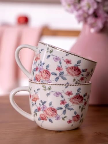 Porcelain Set of 2 Pastel Cups 8 oz with Saucers 5.75", Glamour by Marsseus Collection, Gift Box, Floral motif - color: Floral motif-3