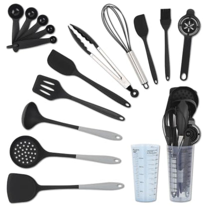 16-Piece Silicone Kitchen Utensil Set with Measuring Cup, Black | Dishwasher-safe BPA-free tools for nonstick cookware, with tongs, whisk, 5 measuring spoons and a 500ml measuring cup holder - color: Black