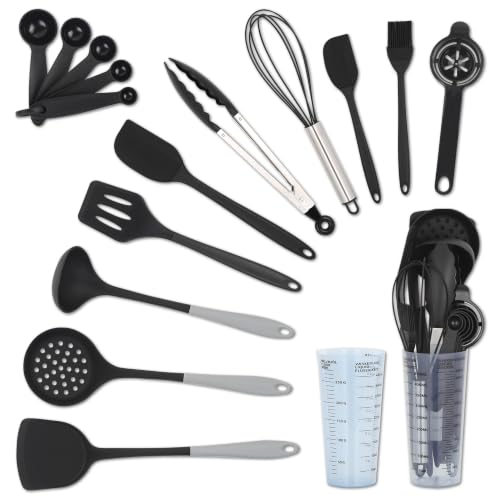 16-Piece Silicone Kitchen Utensil Set with Measuring Cup, Black | Dishwasher-safe BPA-free tools for nonstick cookware, with tongs, whisk, 5 measuring spoons and a 500ml measuring cup holder - color: Black