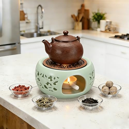 uxcell Teapot Warmer, Ceramic Tea Warmer Ceramic Teapot Heater with Alloy Pad Tealight Holder for Heating Coffee Milk Water Heatproof Dish Warming Use, Plum Green Ocean Flower Design - color: Plum Green