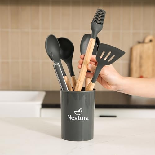 Compact Silicone Kitchen Utensil Set by Nestura, 12-Piece Cooking Utensils with Holder, BPA-Free Heat Resistant Tools with Beechwood Handles for Small Kitchens, Apartments, RVs, Dorms & Gifting