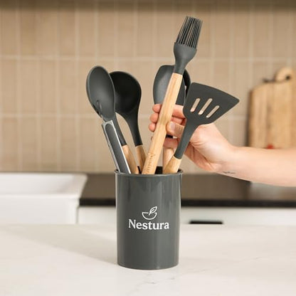 Compact Silicone Kitchen Utensil Set by Nestura, 12-Piece Cooking Utensils with Holder, BPA-Free Heat Resistant Tools with Beechwood Handles for Small Kitchens, Apartments, RVs, Dorms & Gifting