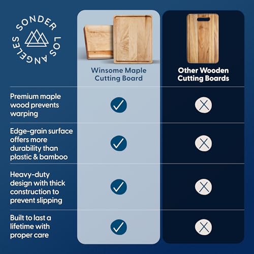 Sonder Los Angeles Winsome Hard Maple Wood Cutting Board, 17x13x1.5 in | Made in USA, Non-Toxic, Edge Grain, Juice Groove & Crackerwell for Charcuterie & Meal Prep, Built-in Handles, Gift Box, 8 lbs - color: Winsome | Maple | Edge Grain