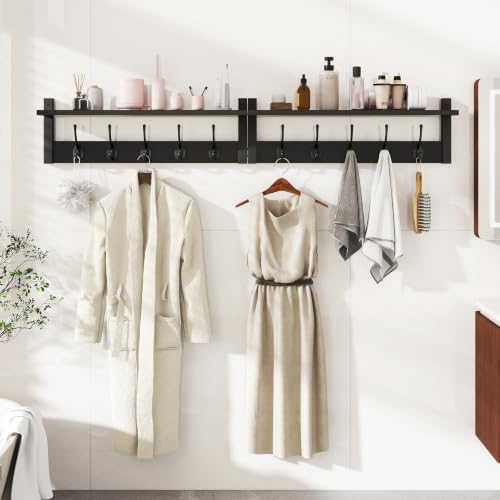 YMYNY 47.2" Coat Rack Wall Mount with Shelf and 10 Hooks, Black UHWS004B-2 | 2 Pack Coat Hooks Wall Mount, Wood Wall Mounted Coat Rack with Hooks, Coat Hanger Wall Mount, Wall Hooks for Hanging - color: Black