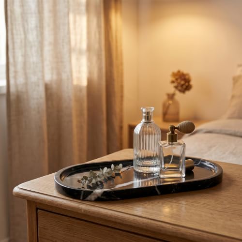 YKAJO Nero Marquina Oval Marble Tray, 11.8x5.9 Vanity Perfume Organizer | Honed natural stone; jewelry & trinket dish, ring & key holder, soap & candle catchall; bath counter, dresser, coffee table - color: Nero Marquina, size: 11.8" x 5.9" x 0.6"