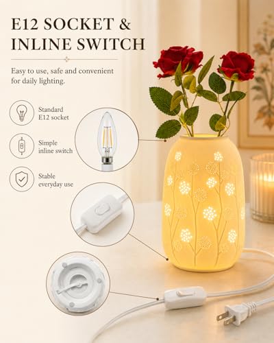 Ceramic Vase Table Lamp - 2700K Bulb & 3 Artificial Flowers Included | Handmade Openwork Craft - Inline Switch - E12 Socket - Dandelion 9" - style: Dandelion