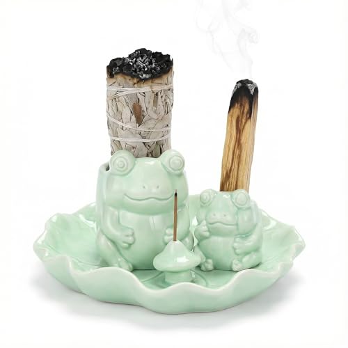 ChangWanna Multifunction 4 in 1 Frog Incense Holder, Palo Santo Holder, Sage Holder, Ceramic Incense Stick Holder for Burning - Cute Ash Catcher Tray for Yoga/Meditation/Home Room Office Decor, Green - color: Green Multifunction Frog