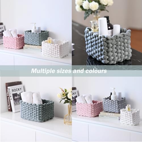 hand-knitted velvet rope storage basket set of 3 - soft cotton rope desktop cosmetics organizer box - nesting multi-functional storage basket (Light gray) - color: Light Gray