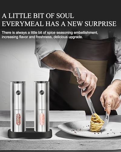 Electric Salt and Pepper Grinder Set with Rechargeable Base - Upgraded Large Capacity, Refillable Pepper Mill Set with LED Light & Adjustable Coarseness, Ideal for Kitchen, Outdoor (Polished Silver) - color: Polished Silver
