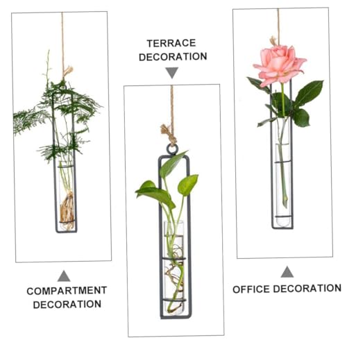 Hanging Glass Hydroponic Vase Set 3pcs with Test Tubes and Iron Frames, Wall-Mounted Plant Propagation Station for Home Décor and Garden Display, Includes 3 Hemp Ropes and 3