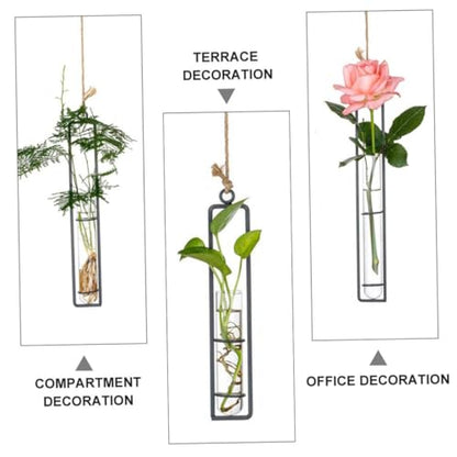 Hanging Glass Hydroponic Vase Set 3pcs with Test Tubes and Iron Frames, Wall-Mounted Plant Propagation Station for Home Décor and Garden Display, Includes 3 Hemp Ropes and 3
