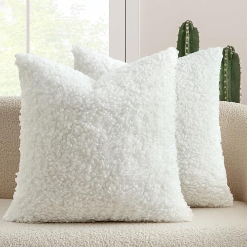MIULEE Decorative Faux Fur Pillow Covers Sherpa 18x18 Pure White | Set of 2 Fuzzy Accent Couch Throw Pillows, Soft Sheepskin Fleece Pillowcases, Home Decor Sofa Livingroom Bed - color: Pure White, size: 18" x 18" (Pack of 2)