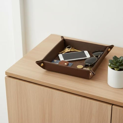 Faux Leather Key Tray, Entryway Organizer for Wallet, Brown | Structured entryway tray for keys, wallet, watch and pocket essentials on consoles, dressers and nightstands. - color: brown