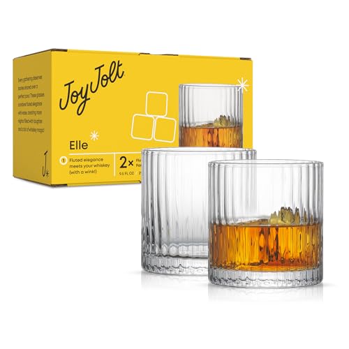 JoyJolt Elle 10oz Double Old Fashioned Whiskey Glasses - Set of 2, Lead-Free Glassware, Dishwasher Safe, Vintage Style Drinking Glasses - style: Whisky Glasses