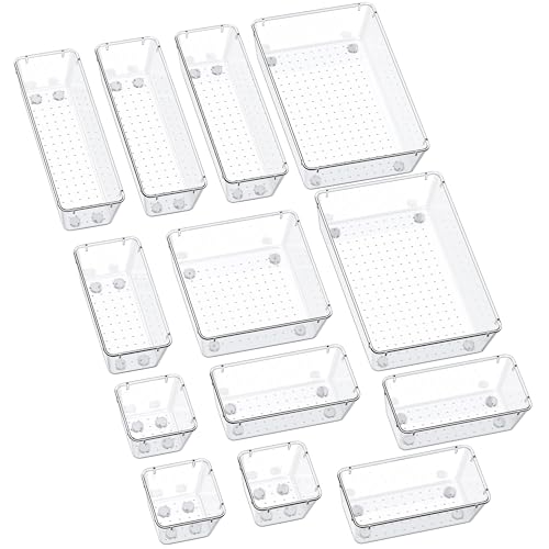 SMARTAKE 13-Piece Drawer Organizers with Non-Slip Silicone Pads, 5-Size | Clear Desk Bathroom Drawer Organizer Trays Storage Tray for Makeup, Jewelry, Utensils in Bedroom Dresser, Office and Kitchen - size: 13 PCS