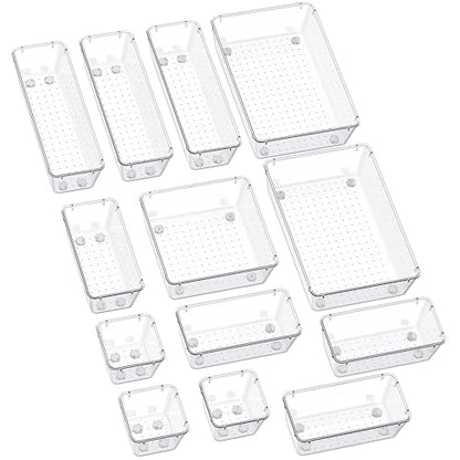 SMARTAKE 13-Piece Drawer Organizers with Non-Slip Silicone Pads, 5-Size | Clear Desk Bathroom Drawer Organizer Trays Storage Tray for Makeup, Jewelry, Utensils in Bedroom Dresser, Office and Kitchen - size: 13 PCS