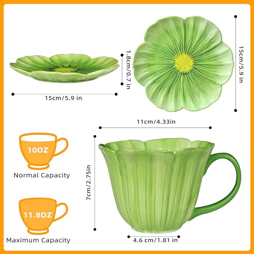 10 oz Tea Cups and Saucers, Ceramic Flower-shaped Cappuccino Cup, Latte Cup and Saucer set, elegant floral Espresso Cup set, Suitable for microwave and dishwasher-Green - color: Green