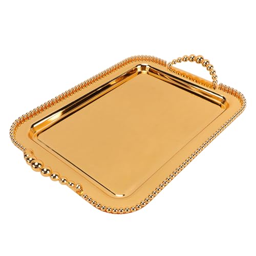 ciciglow European Style Beaded Metal Serving Tray Elegant Mirror Platter for Desserts Jewelry for Home Office Cafes (Gold) - color: Gold