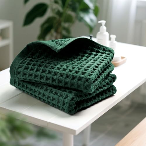 Waffle Hand Towels Set of 2 (Hunter-Green) – Cotton, Quick Dry, Lint Free | 13” x 29”, Bathroom Decor & Kitchen Towels - color: Hunter-green