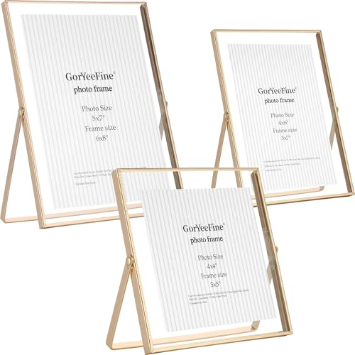 Gold Floating Picture Frames Set of 3,Metal Geometric Photo Frame with Glass Cover Includes(5x7'',4x6'',4x4'')Tabletop Floating Picture Frames for Home Wedding Decoration,Gift for Father's Day - color: Gold, size: Mixed 3PK(4x4'' 4x6'' 5x7'')