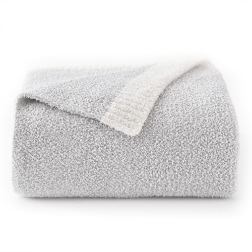 Chunky Knit Boucle Throw Blanket, Soft Washable Coastal Blanket for Bed Couch, Lightweight Cozy Oversized Feather Knit Blanket Indoor Outdoor for Sofa (Grey, Throw 50"x60") - color: Grey, size: Throw 50"x60"