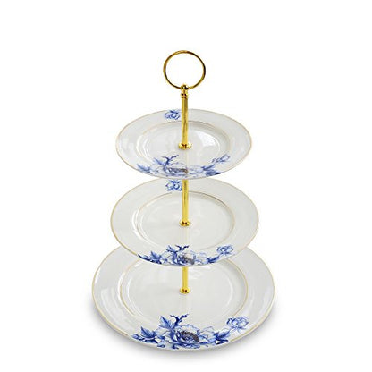 Gold Trimmed Blue Floral 3 Tier Cake Stand, Dessert Stand, Cupcake Stand