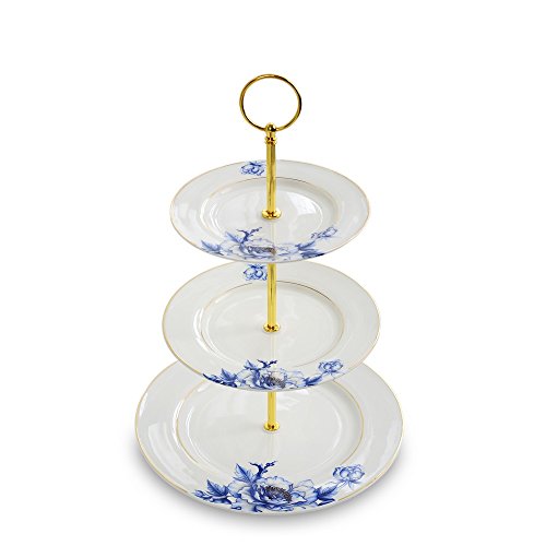Gold Trimmed Blue Floral 3 Tier Cake Stand, Dessert Stand, Cupcake Stand