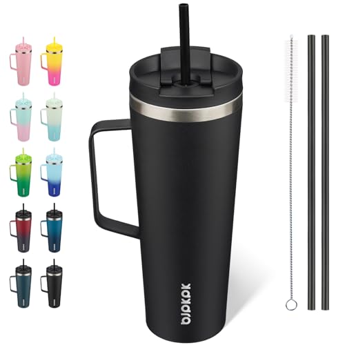 BJPKPK 26oz Insulated Tumbler with Handle, Lid & Straw, Stainless Steel | Double Wall Vacuum Insulated Coffee Travel Mug - Keeps Cold & Hot, BPA Free, Cupholder Fit for Office, Gym & Travel - color: Black, size: 26 Ounces