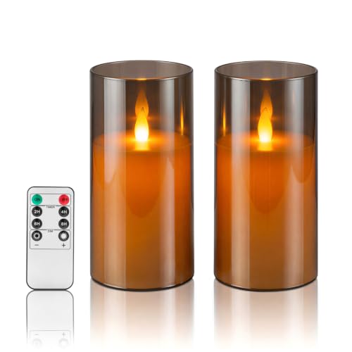 Flameless Candles with Remote, Set of 2 LED Pillar Candles (3" D x 6" H), Realistic Climbing Flame Battery Powered Candles for Home Wedding Christmas (Smoky Grey Ivory) - color: Gray, size: 2 Pack (3" x 6"）