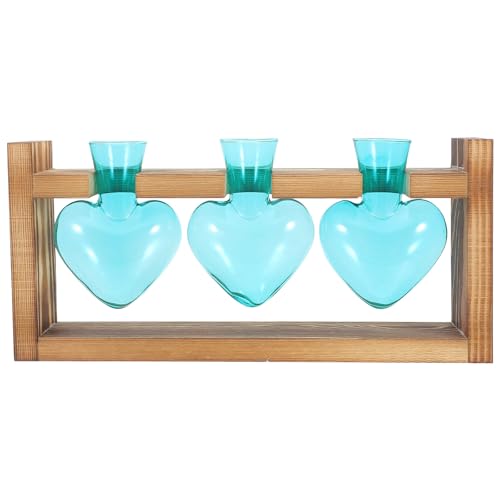 NUOBESTY Plant Propagation Station with Wood Stand Heart Shaped Glass Propagation Vase Set Hydroponic Plant Terrarium for Cuttings Desktop Home Office Garden Decor