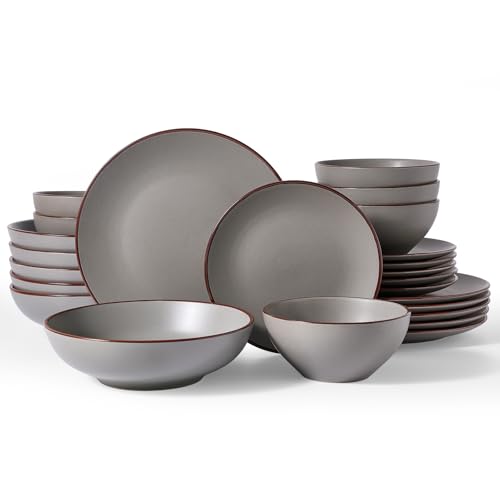 Famiware Venus Stoneware Dinnerware Sets with Pasta Bowls, Dishes Set for 6 | 24 pcs Ceramic Plates and Bowls with Rim, Chip‑Resistant, Everyday & Formal Use, Microwave & Dishwasher Safe, Matte Dark Gray - color: Dark Gray, size: Serves 6 (24pc w/ Pasta B
