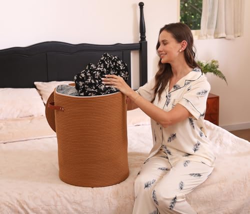 16"x20" Extra Large Cotton Rope Basket with Zipper Lid, Woven Laundry Hamper and Blanket Storage Basket, Round Clothes Bin for Living Room Bedroom, Rust Brown - color: All Orange Brown