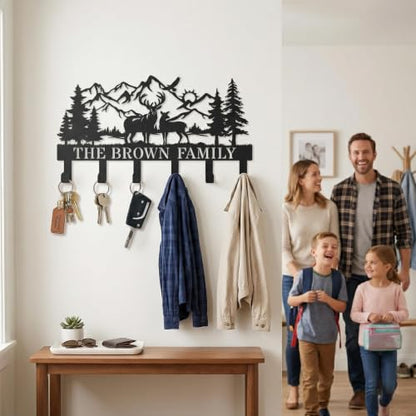 Personalization Deer Mountain Metal Key Holder custom Wall Mount Key Holder for Wall Rustic Cabin Decor Key Rack Hooks Hanger Woodland Wildlife Wall Art Entryway Organizer Housewarming Hunting Gifts - size: Small, style: Custom