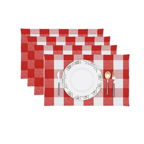 Burgundy Red & White 2 Side Cotton Buffalo Check Farmhouse Placemats Set of 4 Heat Resistant Dining Table Place Mats for Kitchen Table, 12 x 18 inches - color: Plaids Red & White, size: Rectangular Placemats 12" x 18"