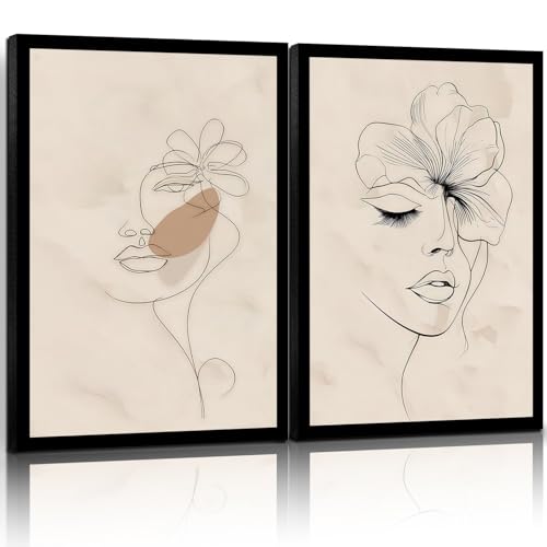 Framed Abstract Wall Art Female Face Flowers Minimalist Floral Line Art Canvas Prints Modern Neutral Tone Posters Paintings Gallery Decor for Living Room Bedroom 12x16 Inches Set of 2 - color: Feminine Line Art with Flowers, size: 12x16in