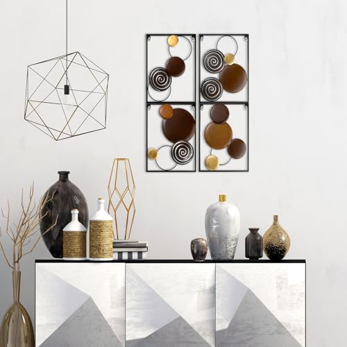 Tandefio 4 Pcs Metal Wall Art Abstract Wall Decoration Brown Metal Decor 14'' x 11'' Minimalist Sculptures Decor Round Style Iron Modern Accent Hanging Housewarming Gift for Home Living Room Bedroom