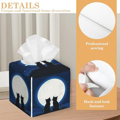 Tissue Box Cover,Black Cat at Night Sky Tissue Box Holder Waterproof Leather Facial Paper Organizer Dispenser for Bathroom Home Car Nightstand Vanity - color: Black Cat at Night Sky